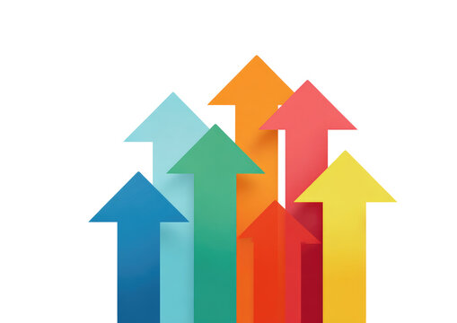 Colorful upward-pointing arrows, layered and overlapping, creating a vibrant, multi-directional growth/success concept