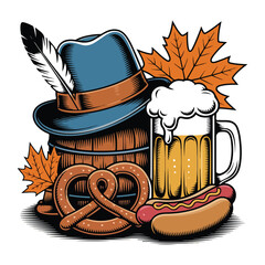 Oktoberfest Icons Vector Set Beer, Pretzel, Hat, Sausage & Autumn Elements
