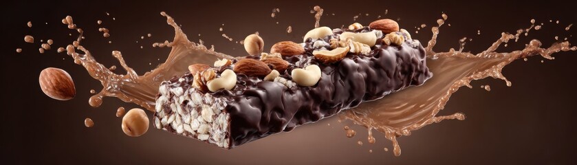 A chocolate-covered nut and cereal bar with almonds and hazelnuts splashing in creamy milk chocolate.