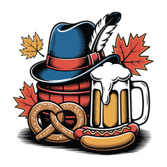 Oktoberfest Icons Vector Set Beer, Pretzel, Hat, Sausage & Autumn Elements
