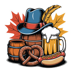 Oktoberfest Icons Vector Set Beer, Pretzel, Hat, Sausage & Autumn Elements
