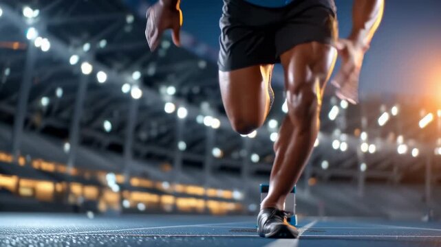 Powerful legs propel a sprinter forward on a track, emphasizing speed and athleticism.