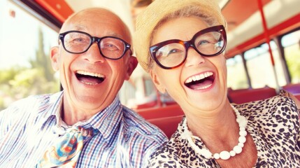 Joyful seniors enjoying a scenic bus ride city streets candid moment bright environment upbeat viewpoint embracing life