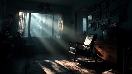 Dramatic sunlit interior with armchair with vintage TV, and and picture frames Atmospheric scene.