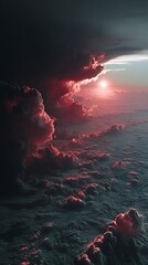 Dramatic Sunset Above the Clouds Aerial View with Red and Dark Hues.
