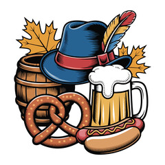 Oktoberfest Icons Vector Set Beer, Pretzel, Hat, Sausage & Autumn Elements

