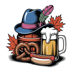 Oktoberfest Icons Vector Set Beer, Pretzel, Hat, Sausage & Autumn Elements

