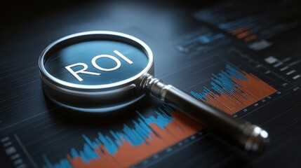 Magnifying glass highlighting the term "ROI" over financial charts with blue and orange graphs on a dark background.