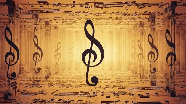 Musical Symphony: A mesmerizing display of treble clef symbols and sheet music, symbolizing the essence of musical artistry, creating an immersive, artistic expression.