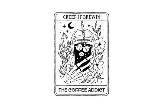 The Coffee Addict Skeleton Tarot Card Illustration Halloween SVG Design