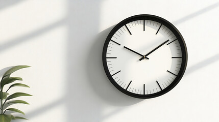 Minimalist timepiece sleek wall clock with clean lines against pure white monochromatic design subtle shadow play embodiment of modern simplicity and precise timekeeping