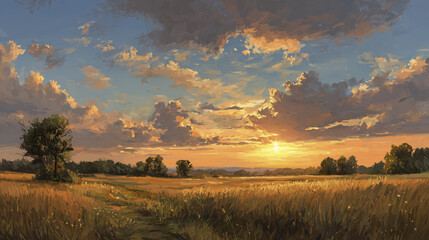 Fototapeta premium Peaceful sunset over vast countryside field with golden grass, scattered trees, and vibrant sky filled with colorful clouds, creating warm and serene atmosphere