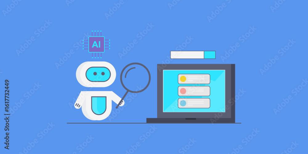 Poster virtual assistant with advance ai chip magnifies semantic search results on laptop screen.