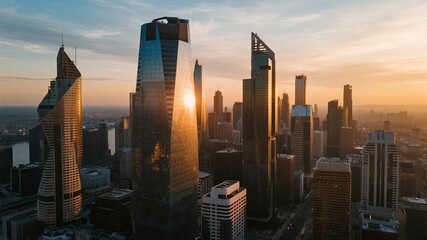 Obraz premium Stunning cityscape bathed in golden hour sunlight, reflecting off modern skyscrapers in vibrant urban setting, perfect for travel, business, and real estate visuals