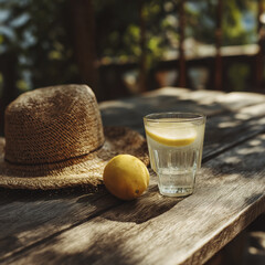 Straw hat, lemon, and glass of lemon water on rustic wooden table outdoors, with sunlight and shadows creating warm, relaxing summer atmosphere