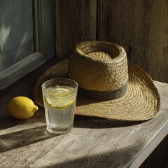 Straw hat with black band, glass of lemon water with lemon slices, and fresh lemon on rustic wooden surface illuminated by sunlight, creating warm and relaxing summer vibe