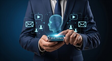 Businessman Detecting Fake News on Smartphone with Futuristic Cybersecurity Interface