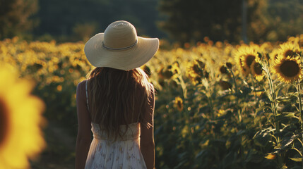 Woman sunhat walking through sunflower field during sunset or sunrise peaceful and serene scene warm lighting summer day nature floral landscape outdoor activity leisure casual dress long hair