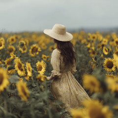 Woman in floral dress and wide brimmed hat walking through sunflower field on cloudy day, creating peaceful and nostalgic atmosphere