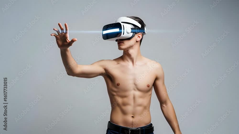 Aufkleber man wearing virtual reality headset interacts with glowing interface, exploring future technology fo