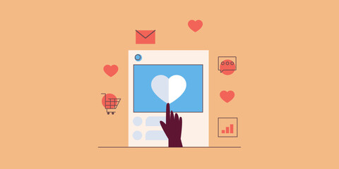 Hand clicks on social media post, activates messaging and online shopping, analytics insights of marketing campaign.