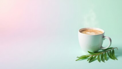 Fototapeta premium White coffee cup with heart latte art on a pastel background.