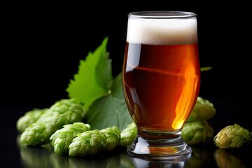 Beer fills a glass with white head near hop flowers