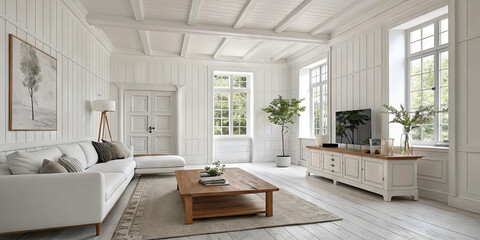 Fototapeta premium Spacious living area features white walls and wooden accents, filled with natural light. A comfortable sofa faces a wooden coffee table, providing a cozy atmosphere