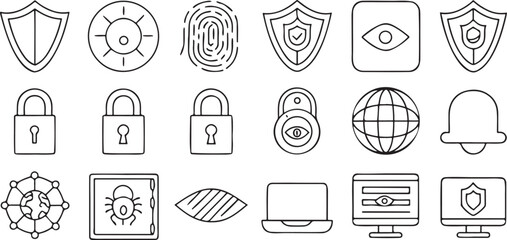 Isolated black security icons, shield, padlock, fingerprint, facial recognition, login, privacy, encryption, firewall, CCTV, security badge, editable vector symbols for safety and data protection