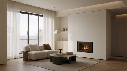 Cozy modern living room with fireplace, designer furniture, and natural light creating a warm, inviting atmosphere for relaxation