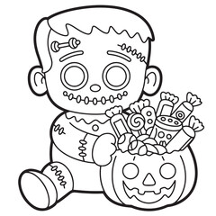 Cute Zombie Boy Holding Pumpkin Candy Bucket – Halloween Cartoon Line Art Illustration for Spooky Coloring Pages

