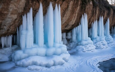 Frozen ice pillars and formations under a rocky overhang