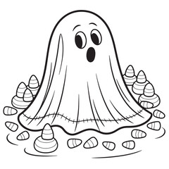 Little Ghost Surrounded by Halloween Candies – Cute Spooky Cartoon Line Art Illustration for Kids Coloring Fun

