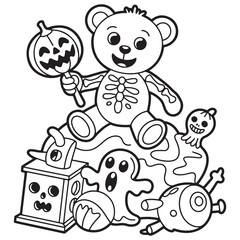 Skeleton Teddy Bear with Halloween Candy and Toys – Spooky Cute Line Art Illustration for Kids Halloween Coloring Book

