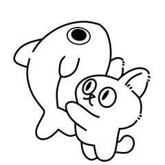 Cat holding fish line art outline illustration vector 