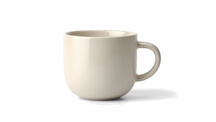 Empty Glossy Beige Ceramic Coffee Mug with Handle Isolated on White Background