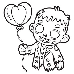 Zombie Boy Holding Halloween Balloons – Creepy Cute Halloween Cartoon Line Art Illustration for Coloring Books

