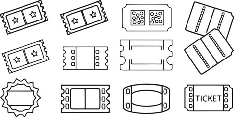 Isolated black ticket icons, movie ticket, concert pass, travel ticket, admission card, event pass, barcode ticket, QR code, reserved seat, premium access, editable vector set for events and entertain