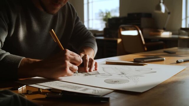 Drawing Detailed Illustration on Paper at Wooden Table Indoors