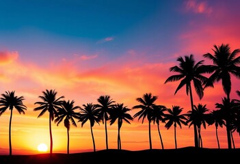 Obraz premium Silhouetted palm trees at sunset, panoramic vector illustration, orange, silhouettes