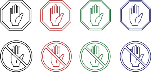 Stop hand icons in red, green, blue, and black for no entry or warning