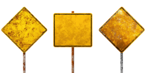 Three weathered, blank, yellow traffic signs