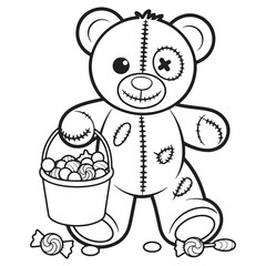 Stitched Halloween Teddy Bear Holding Trick or Treat Bucket – Cute and Creepy Line Art Coloring Page Illustration for Kids

