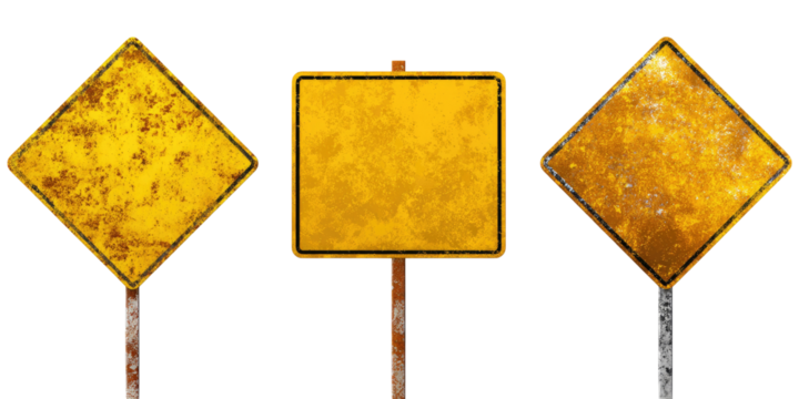 Three weathered, blank, yellow traffic signs