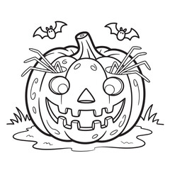 Smiling Pumpkin Face Jack-o'-Lantern with Bat Accents – Halloween Line Art for Kids Coloring Book

