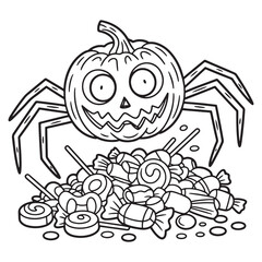 Cute Halloween Spider Jack-o'-Lantern with Candy Pile – Adorable Line Art Illustration for Kids' Halloween Coloring Pages

