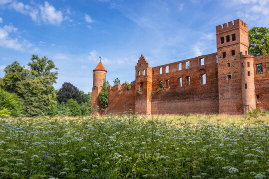 Side view of ruined castle in Szymbark, small village in Warmia and Masuria region of Poland