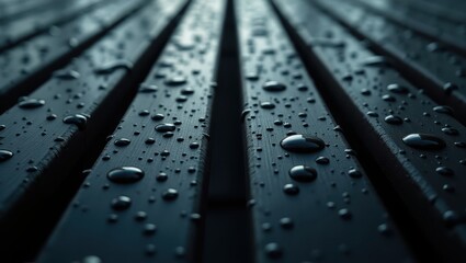 Water droplets on dark wood planks.