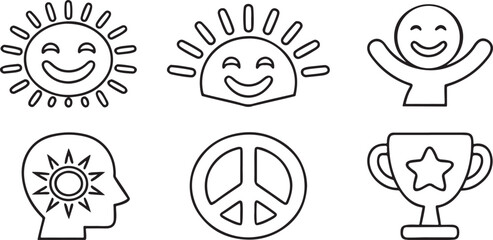 Isolated positive thinking vector icons, smiling face, yes checkmark, peace, sunrise, trophy, strong arm, star, editable flat icons for self help, wellness and motivational content design