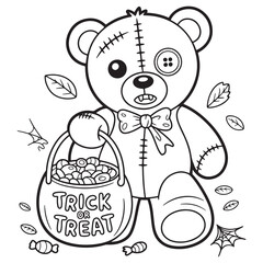 Stuffed Halloween Teddy Bear with Button Eyes – Cute Cartoon Plush Toy Line Art Coloring Page for Kids

